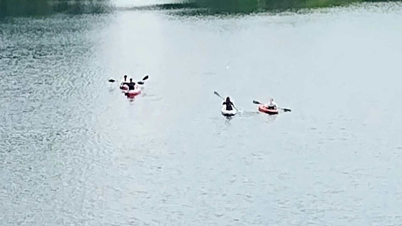 A group of people in kayaks on the water.