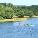 A group of people in kayaks on the water.