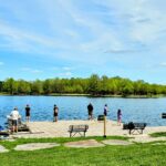 People fishing by a lakeside on a sunny day.