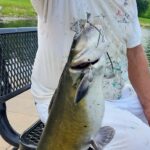 A person holding a freshly caught catfish outdoors.